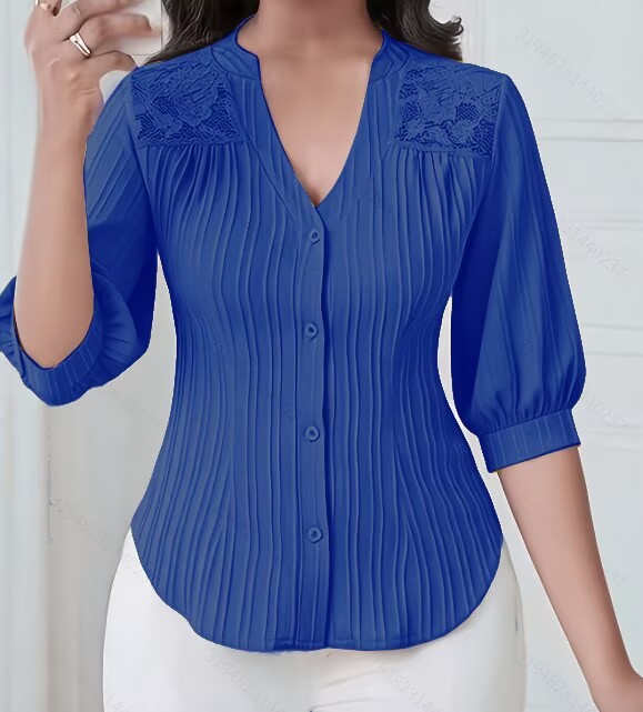 Lace-Trimmed V-Neck Mid-Sleeve Blouse with Pleated Button Front and Curved Hem