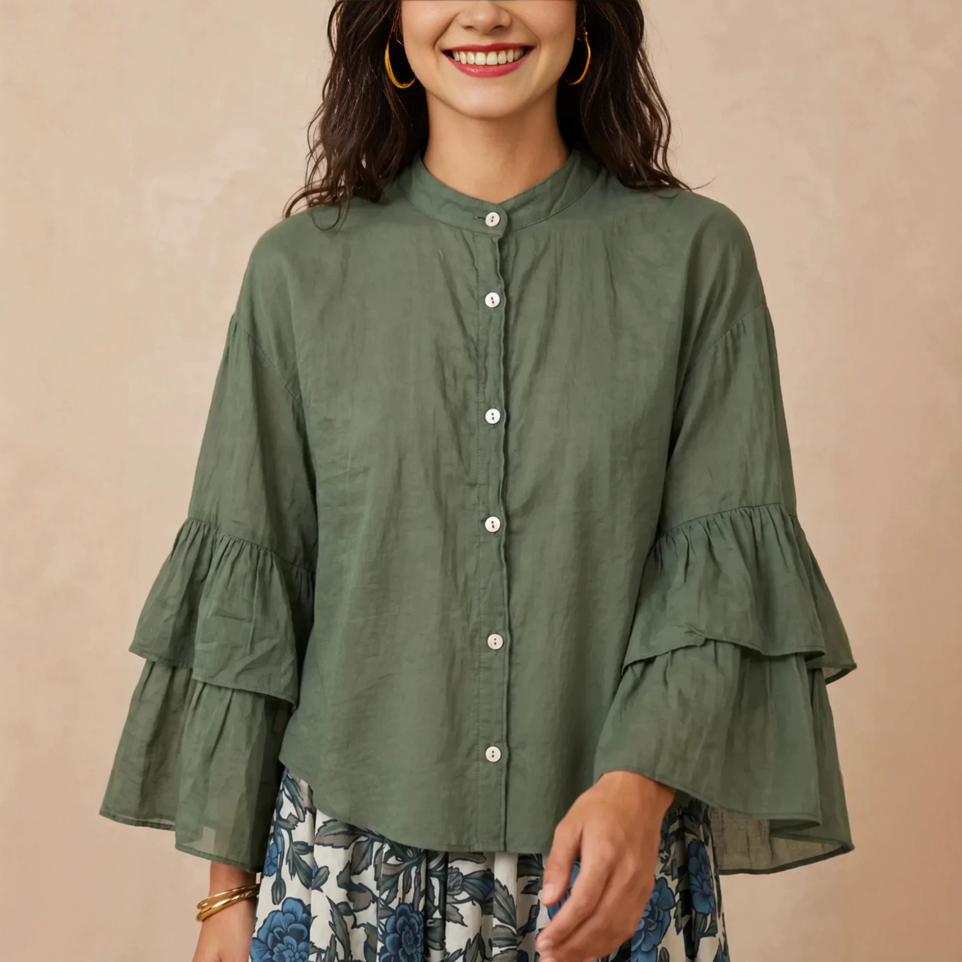 Women's Solid Color Stand Collar Button Double-Layer Bell Sleeve Loose Casual Shirt