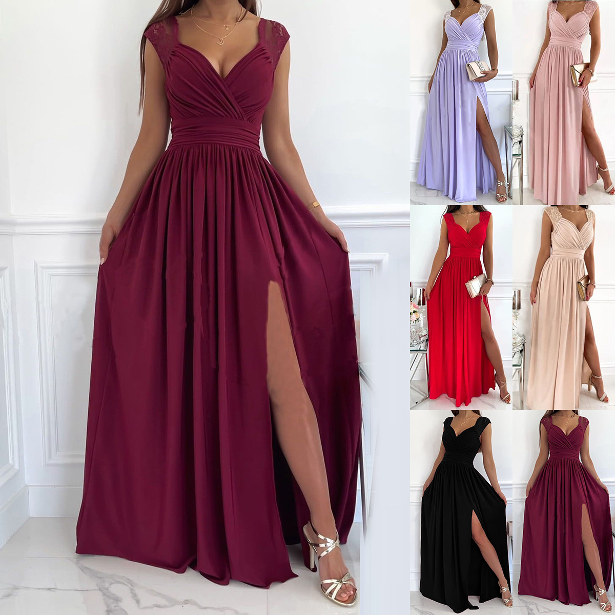 Sleeveless Lace Open-Back Slit Long Dress