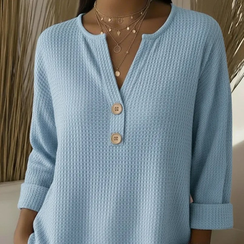 Women's V-Neck Waffle Knit Long Sleeve Pullover Sweater Solid Casual Top