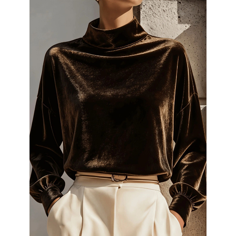 Velvet Mock Neck Long Sleeve Loose Fit Top