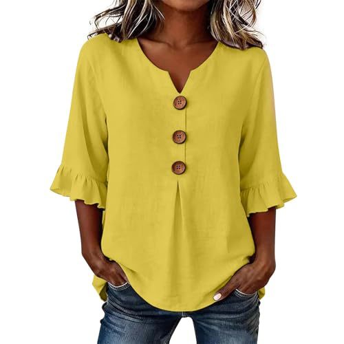 Women's Summer Solid Print Mid-Sleeve Button Top