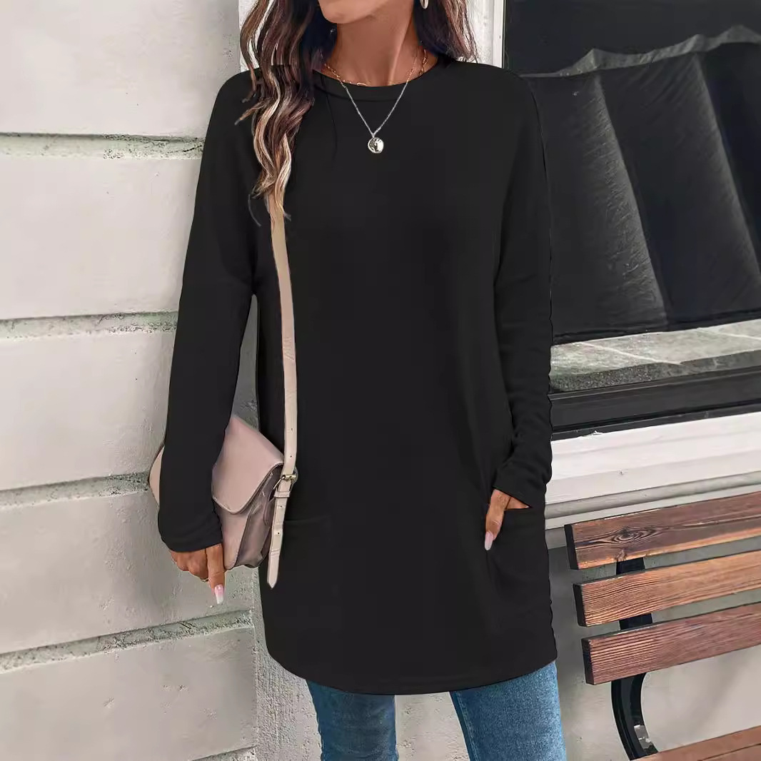 Women's Solid Color Long Sleeve Loose Crewneck Pocket T-Shirt