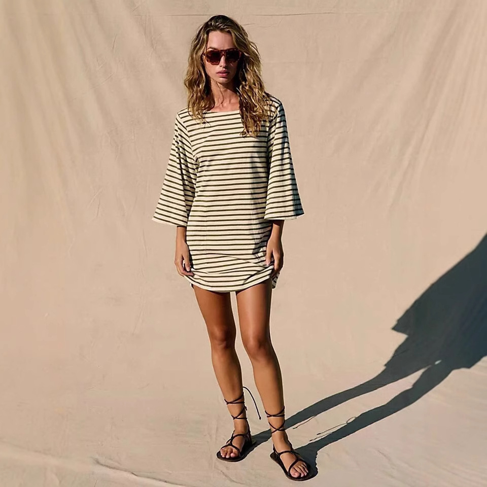 Colorblock Striped 3/4 Sleeve Round Neck Pullover Loose Long T-Shirt