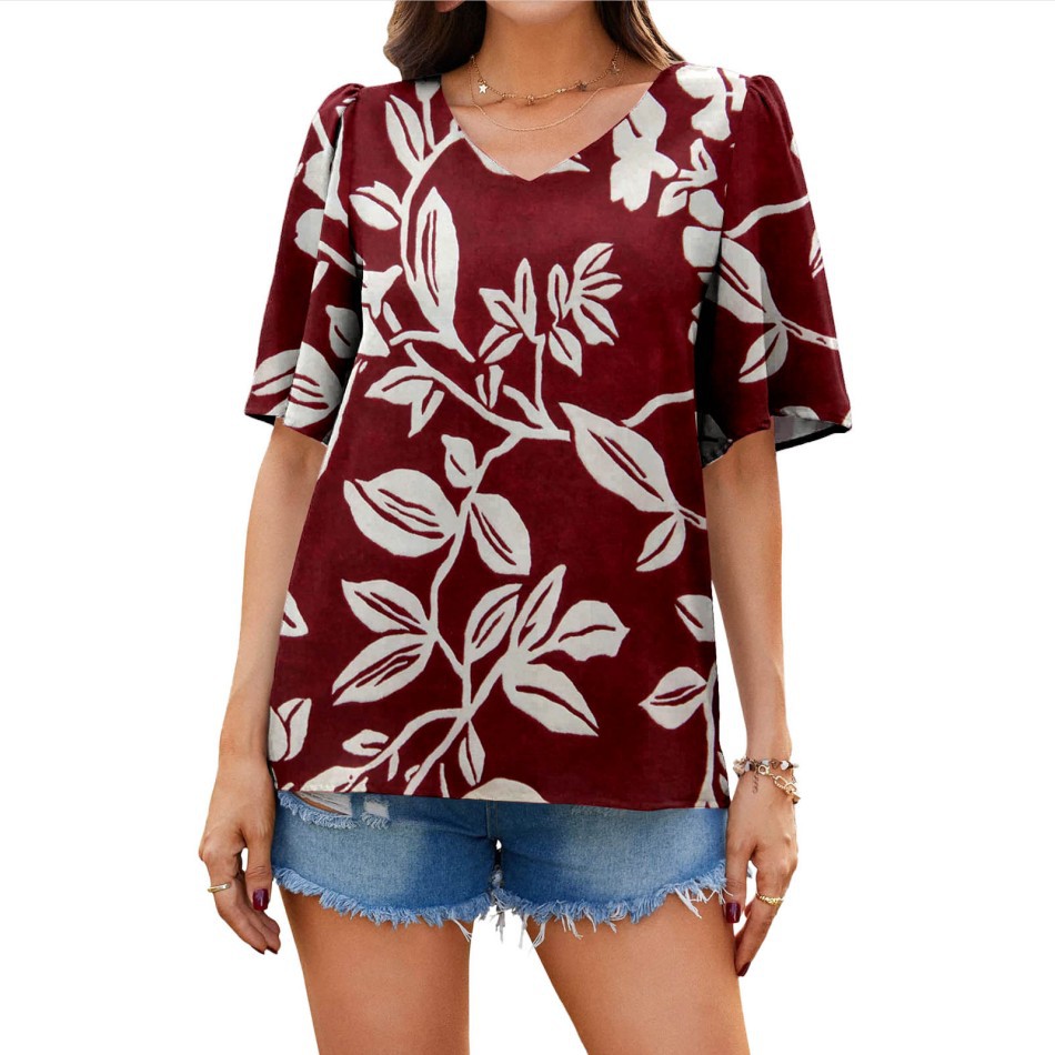 Women's Loose V-Neck Ruffle Sleeve Casual Top