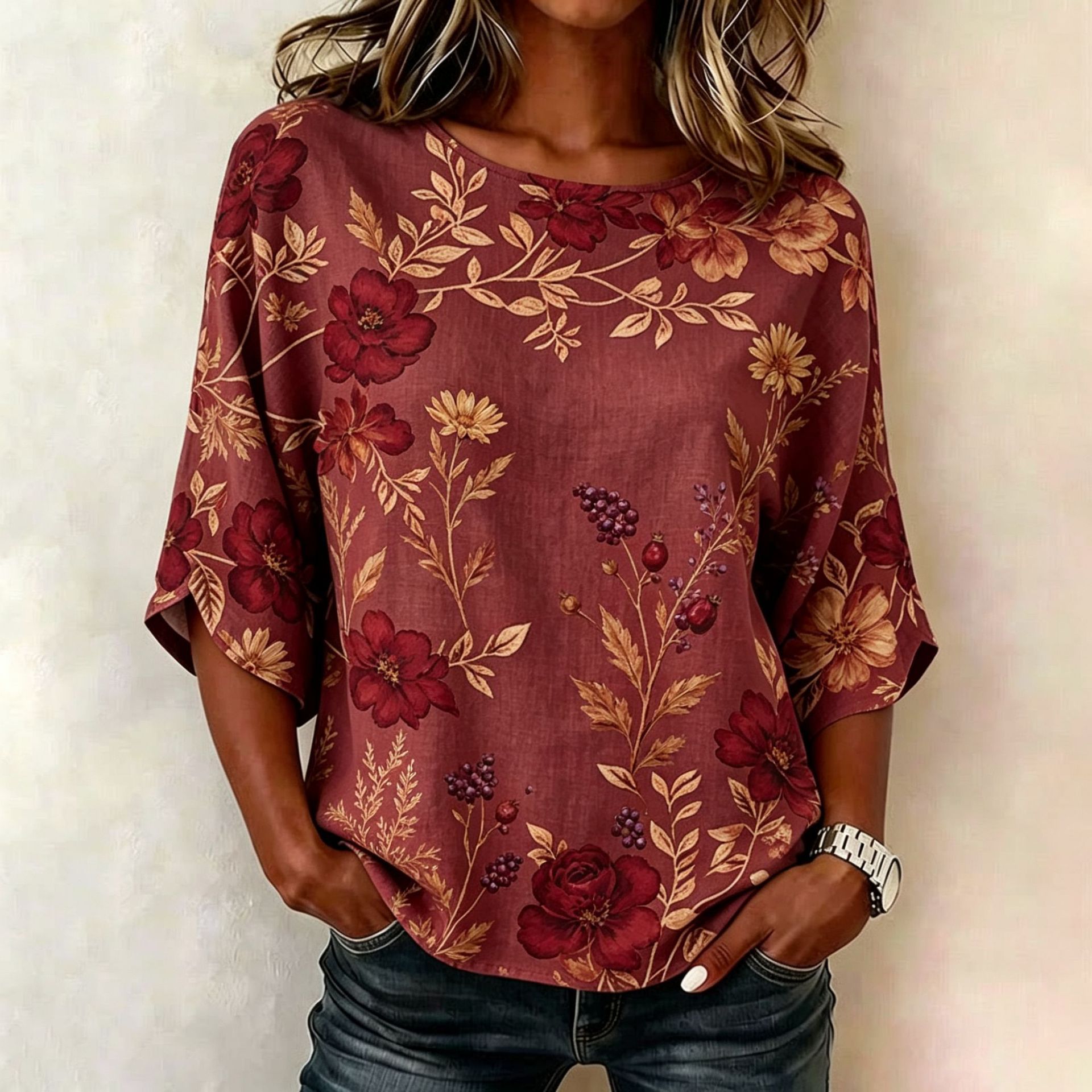 Floral Plaid Print Mid-Sleeve Women's Top