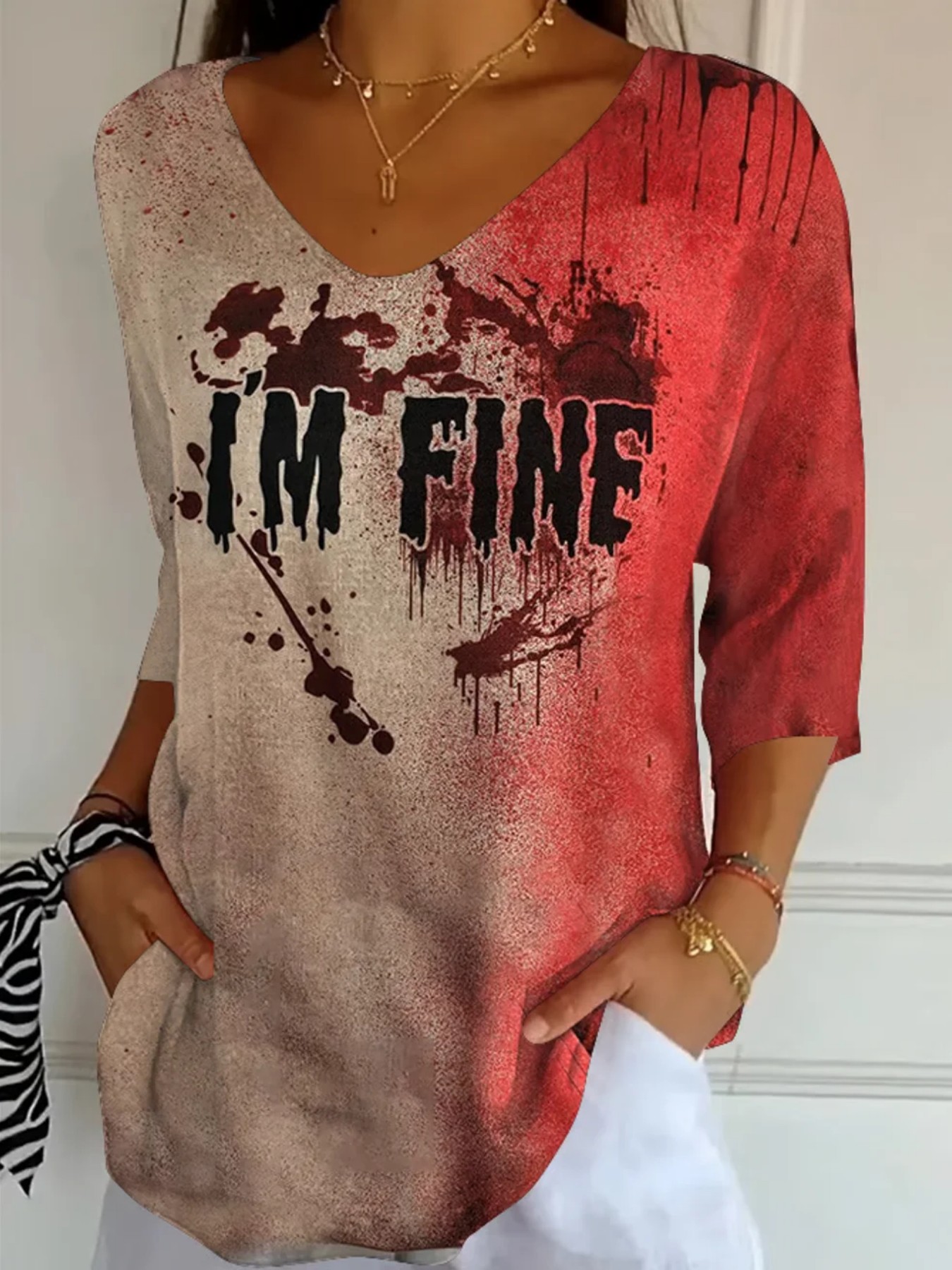 Halloween Ghost Print V-Neck Half-Sleeve Women's T-Shirt