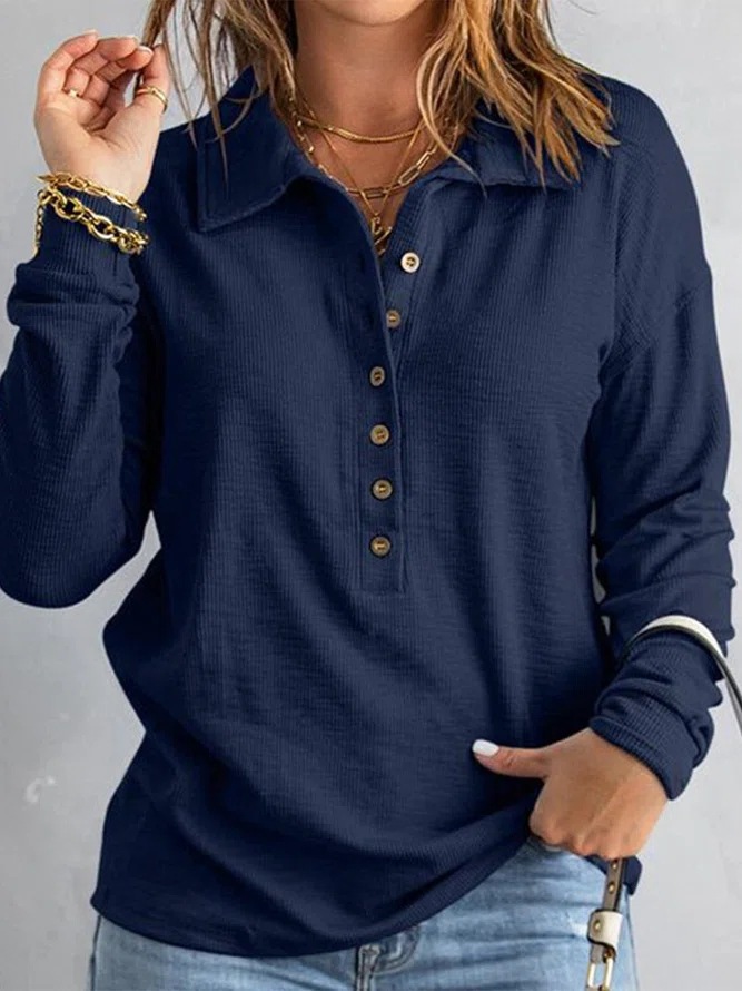 Women's Solid Ribbed Knit Single-Breasted Lapel Long-Sleeve Loose Casual Top