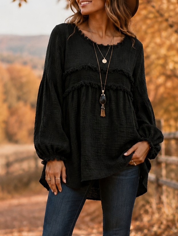 Fringed Trim Patchwork Long Sleeve Casual Top