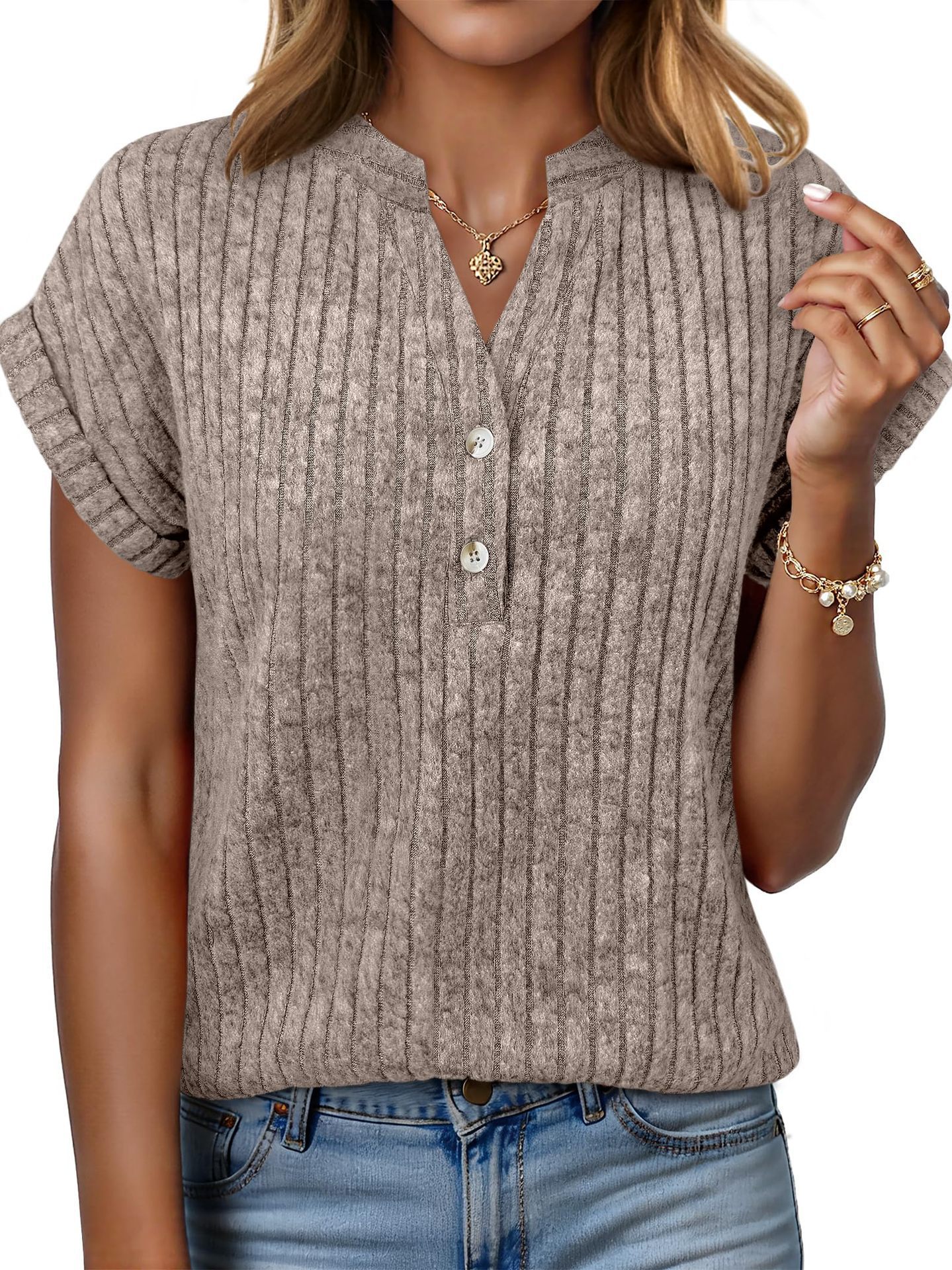 Brushed Ribbed V-Neck Batwing Short-Sleeve Top
