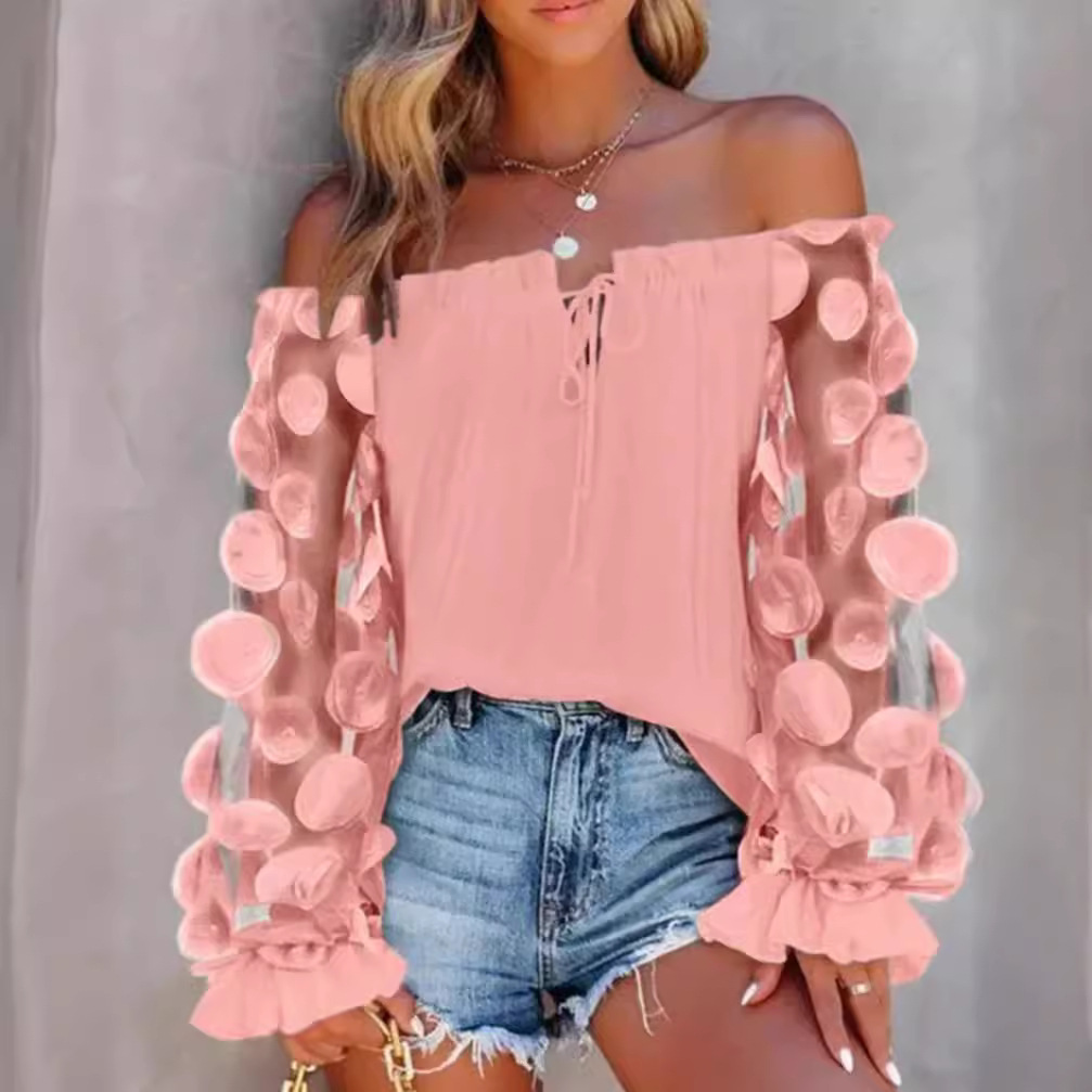 Women's Off-Shoulder 3D Floral Top Long Sleeve Pink