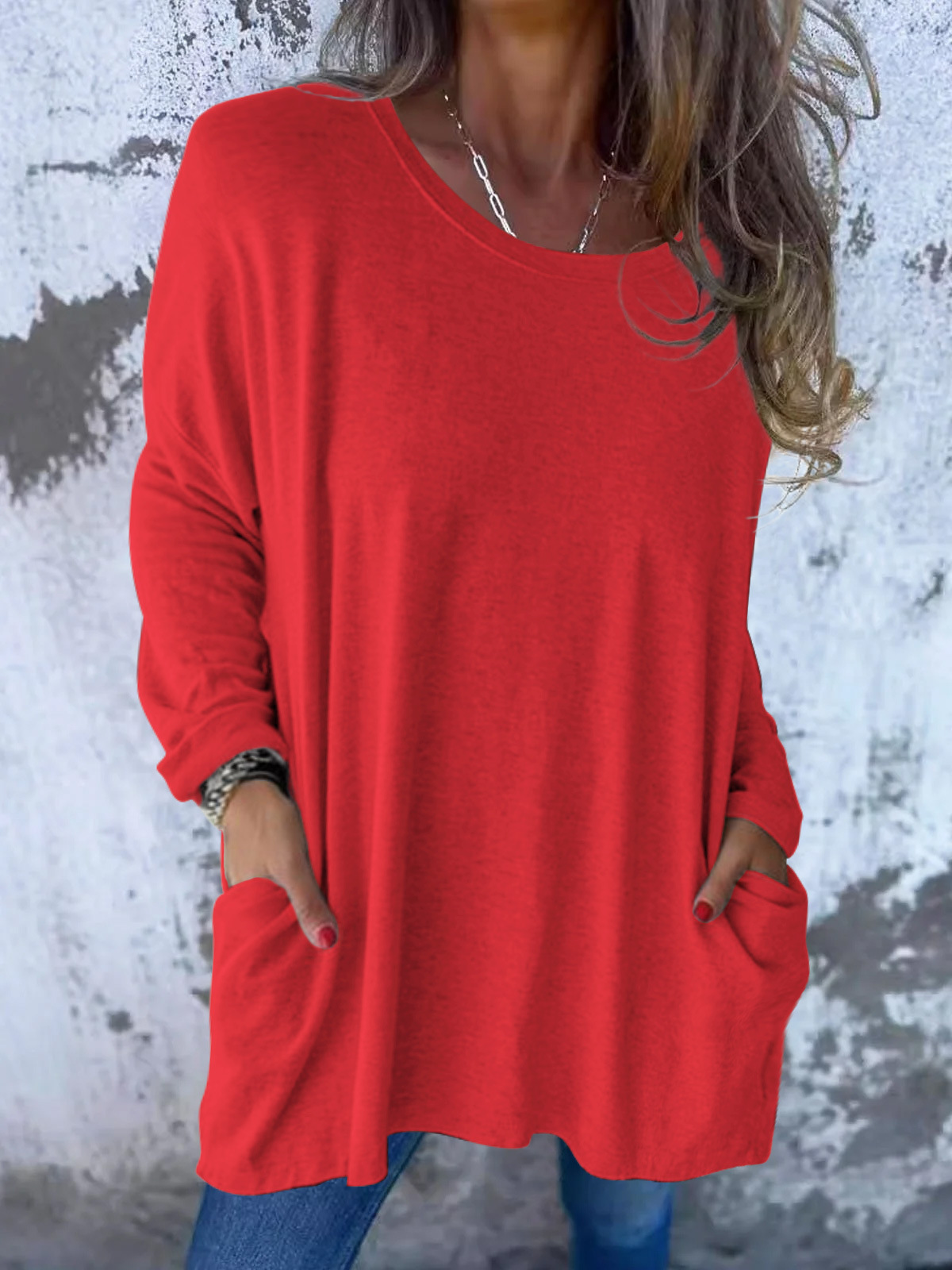 Women's Crewneck Long Sleeve Loose Fit Pocket Solid Color T-Shirt