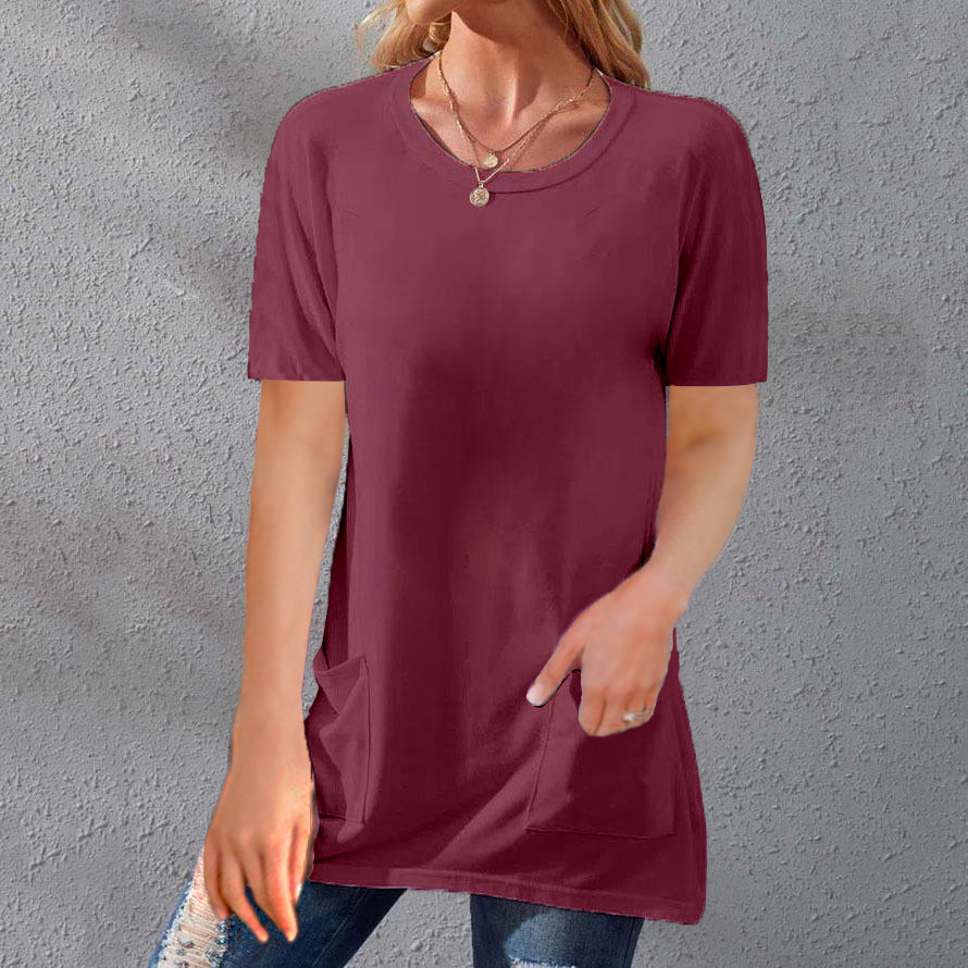 Women's Loose Fit Crewneck Short Sleeve Pocket Solid Midi T-Shirt