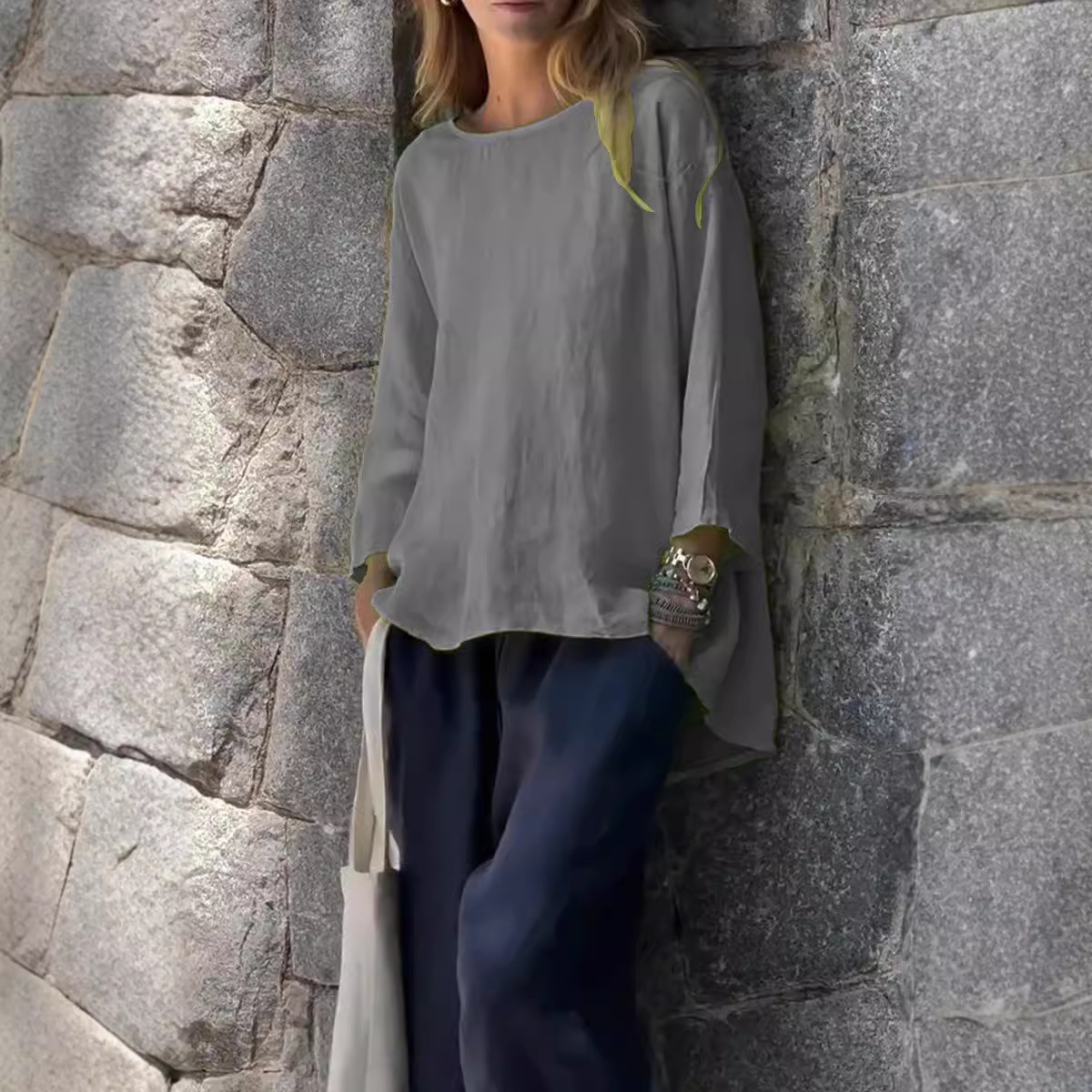 Women's 3/4 Sleeve Crewneck Cotton Linen Loose Shirt Top