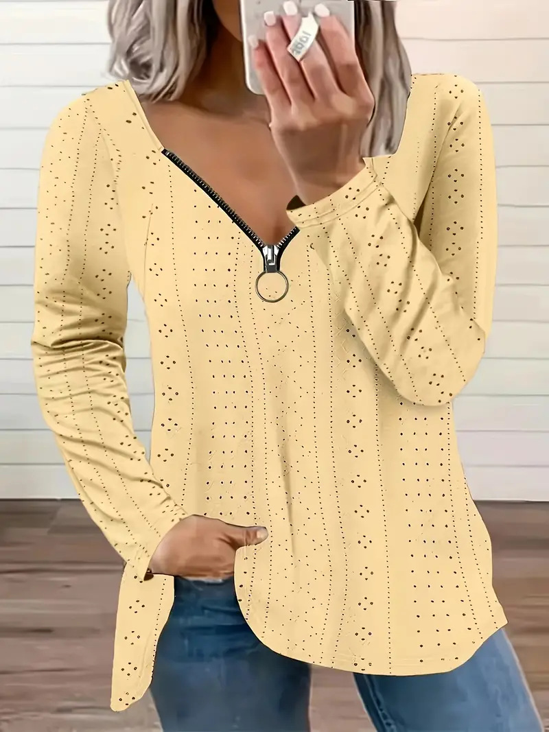 V-Neck Long-Sleeve Jacquard T-Shirt
