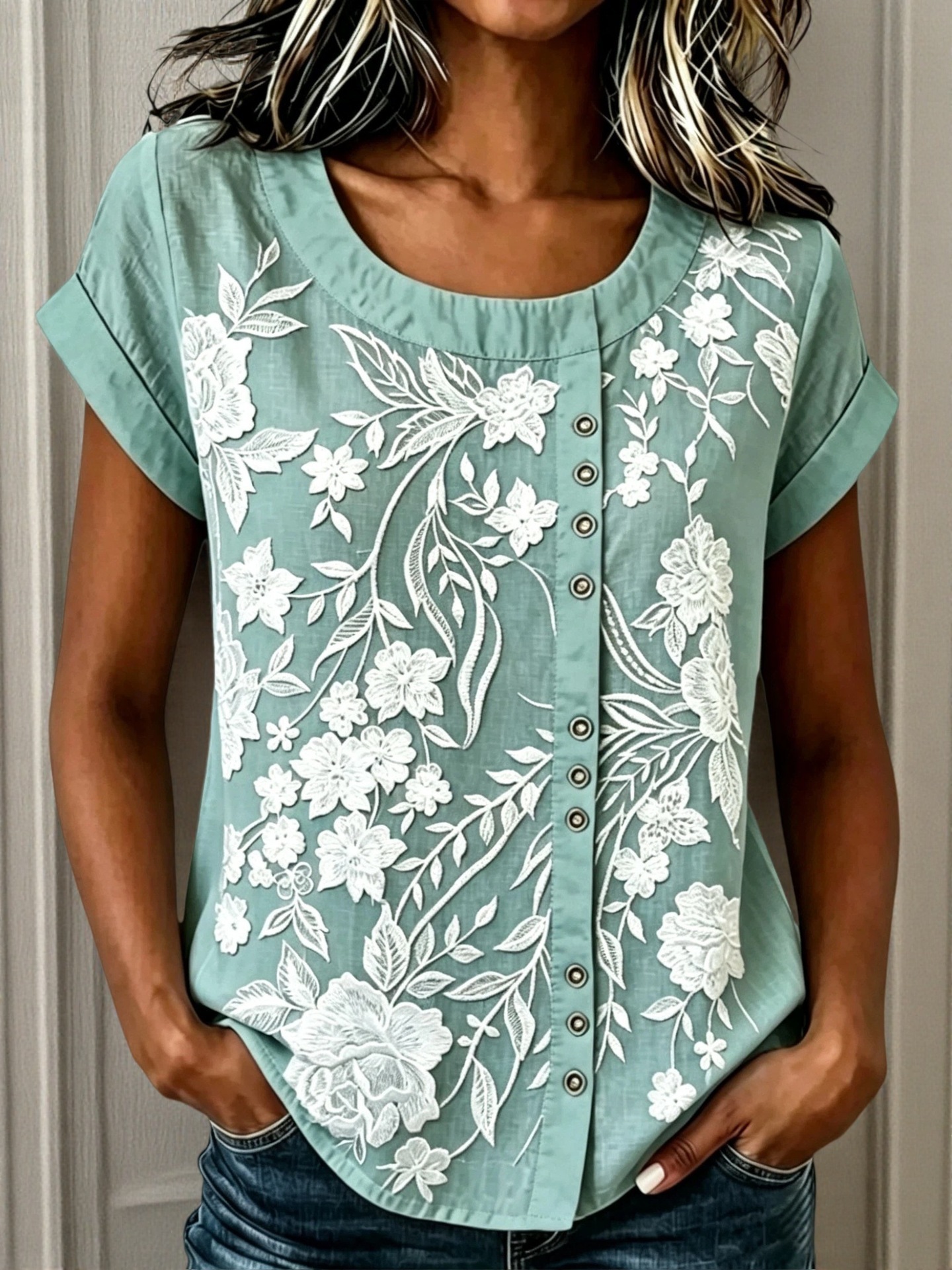 Women's Summer Loose Button Round Neck T-Shirt