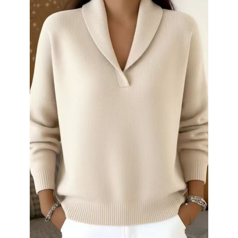 V-Neck Long Sleeve Knit Pullover Loose Solid Color Top