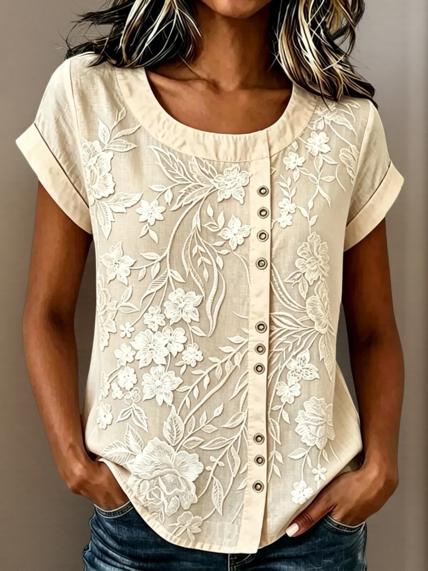 Women's Summer Loose Button Round Neck T-Shirt
