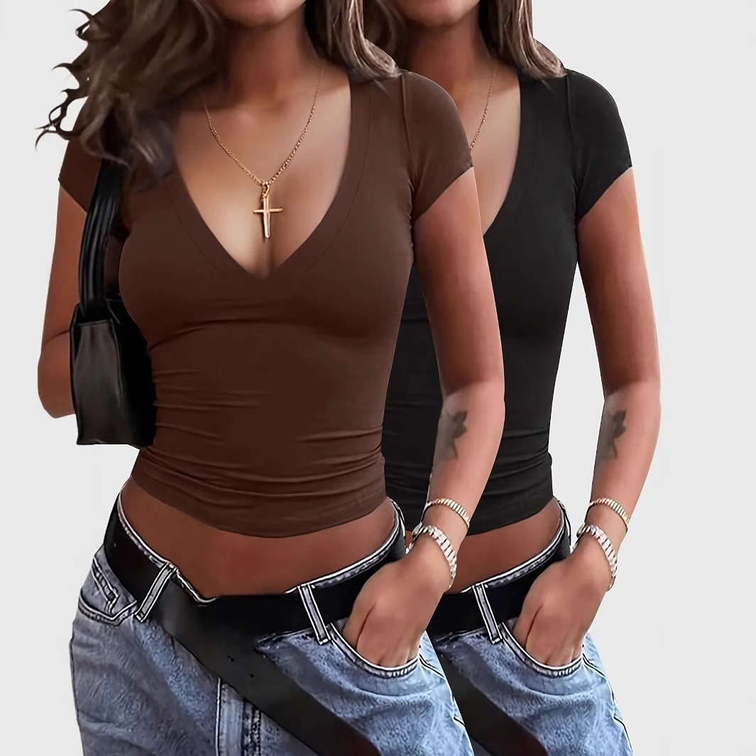 Women's V-Neck Ruched Short Sleeve Slim Fit T-Shirt