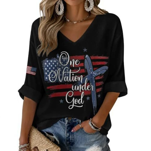 American Flag Letter Print V-Neck Half-Sleeve T-Shirt for Women