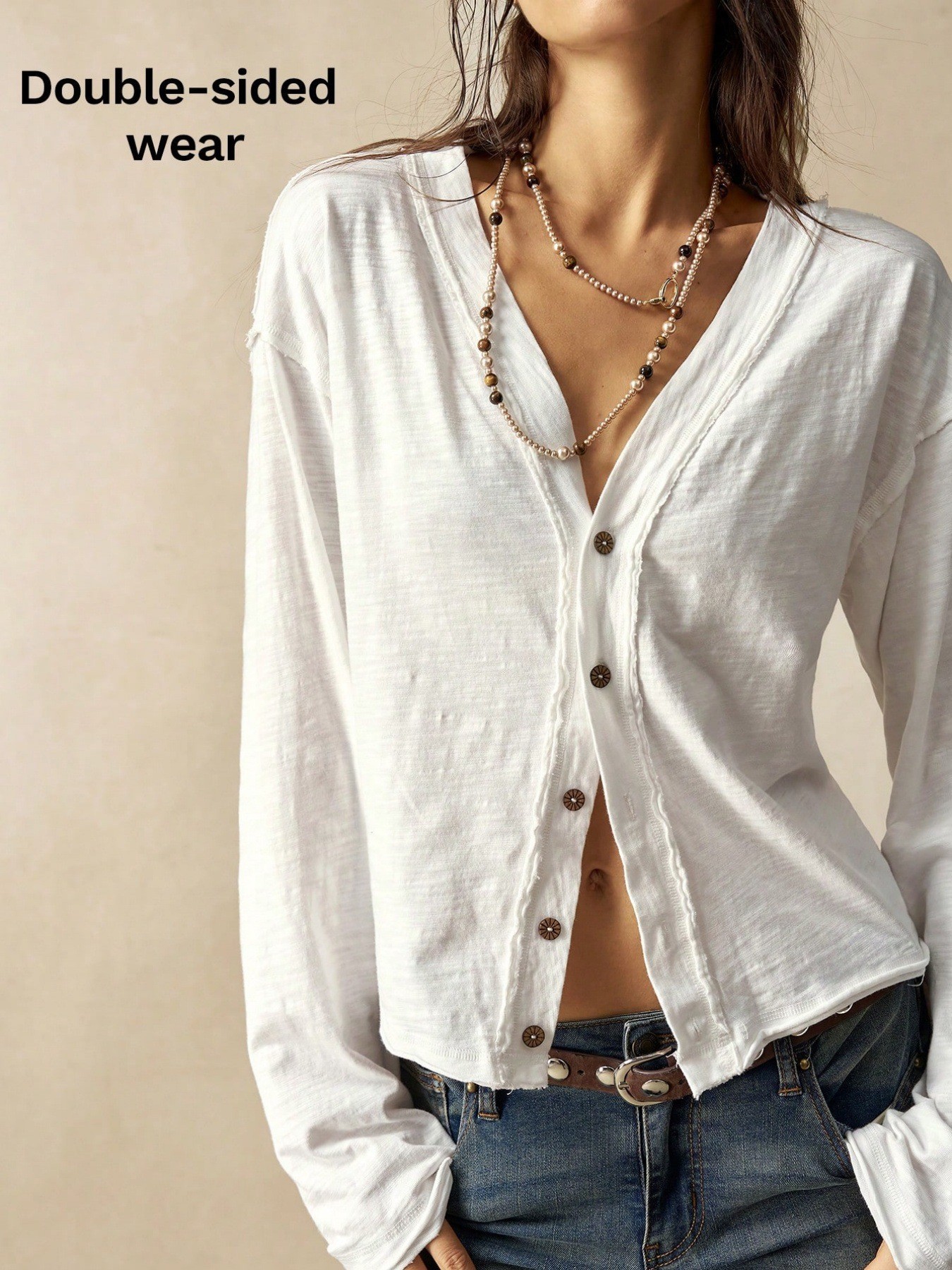 Women's Solid V-Neck Button-Front Long-Sleeve Cardigan Top Reversible Front-Back