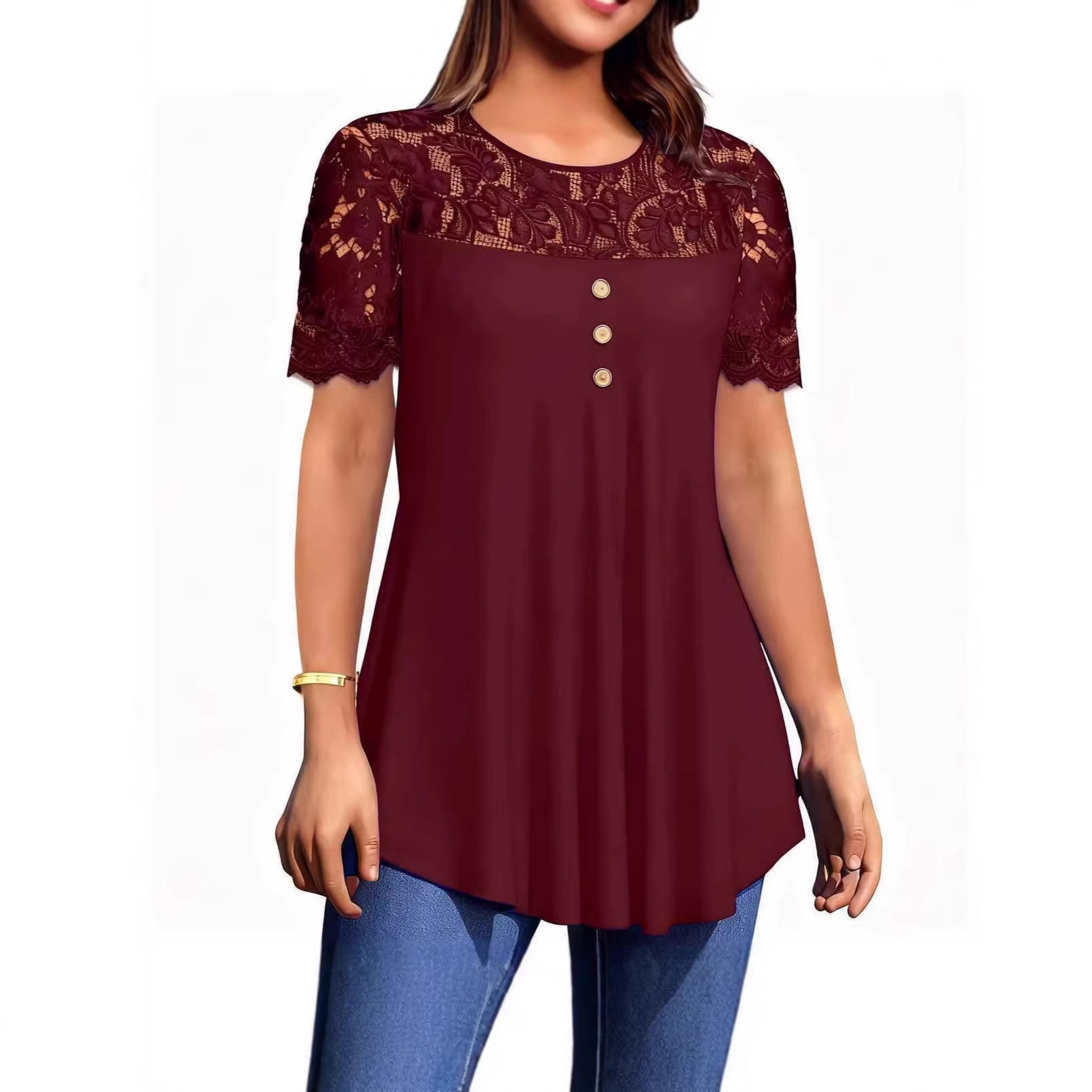 Women's Solid Color Lace Trim Short Sleeve Round Neck T-Shirt