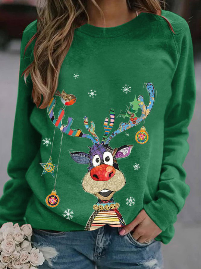 Christmas Deer Print Crewneck Long Sleeve Loose T-Shirt