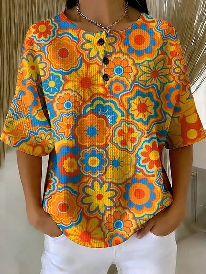 Summer Plaid Floral Print Short Sleeve Button-Up Top