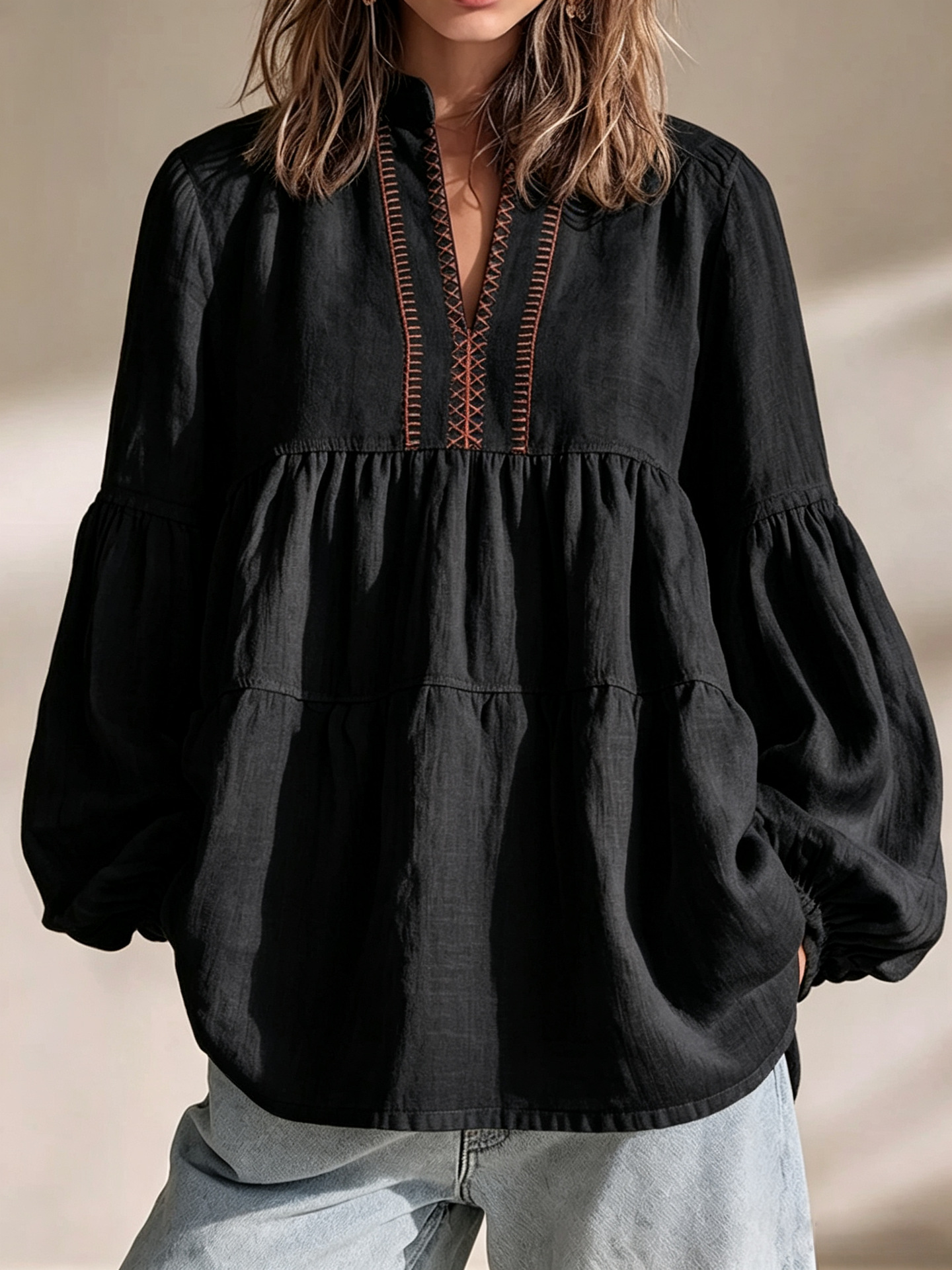Boho Floral Print Stand Collar Pleated Loose Long Sleeve Top