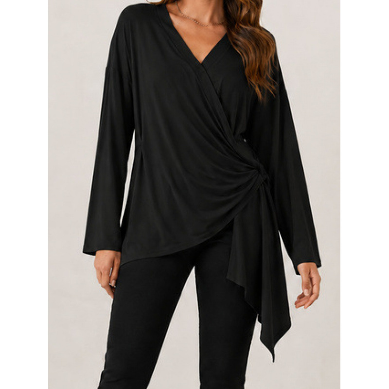 Women's Tie-Front Solid V-Neck Long Sleeve Casual Top