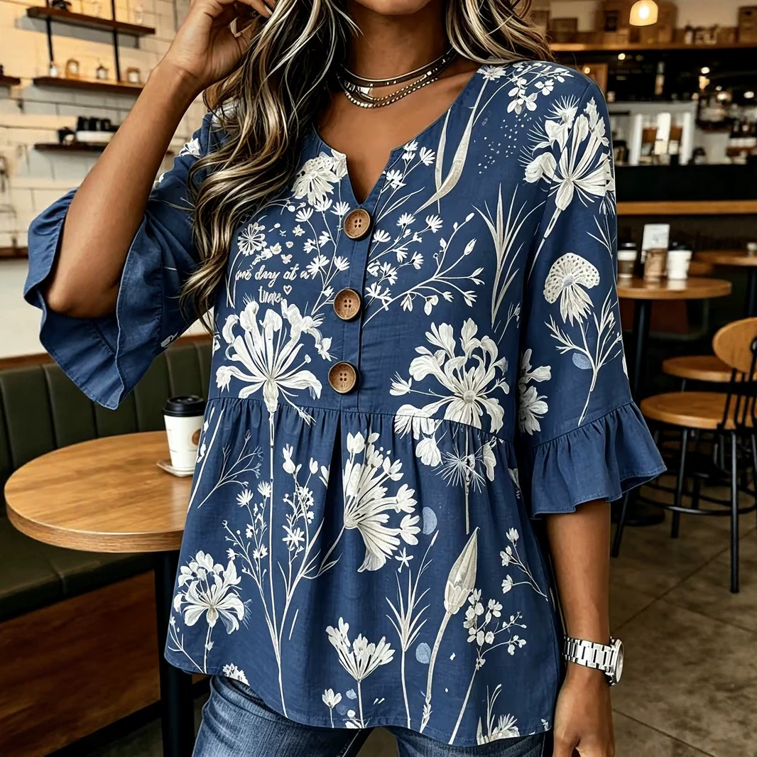 Women's Summer Floral Print Rolled Sleeve Button Top