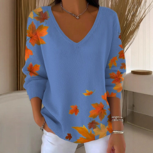 Maple Leaf Print V-Neck Long-Sleeve T-Shirt