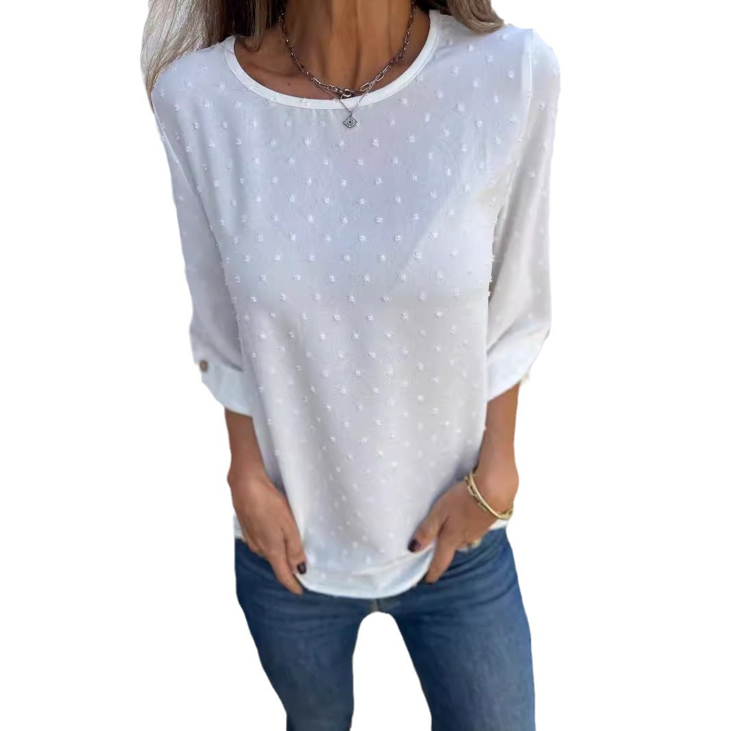 Women's Spring Autumn Round Neck Chiffon Jacquard Loose Fit Casual Top T-Shirt