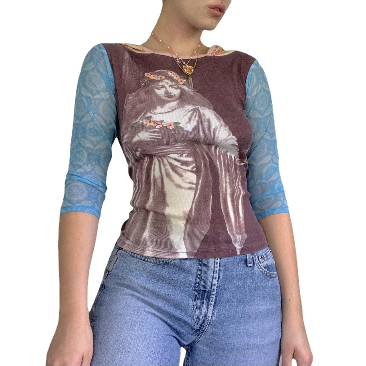 Abstract Mesh Print Sheer Long-Sleeve Crewneck Top