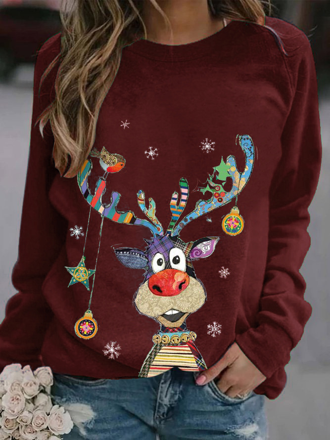 Christmas Deer Print Crewneck Long Sleeve Loose T-Shirt