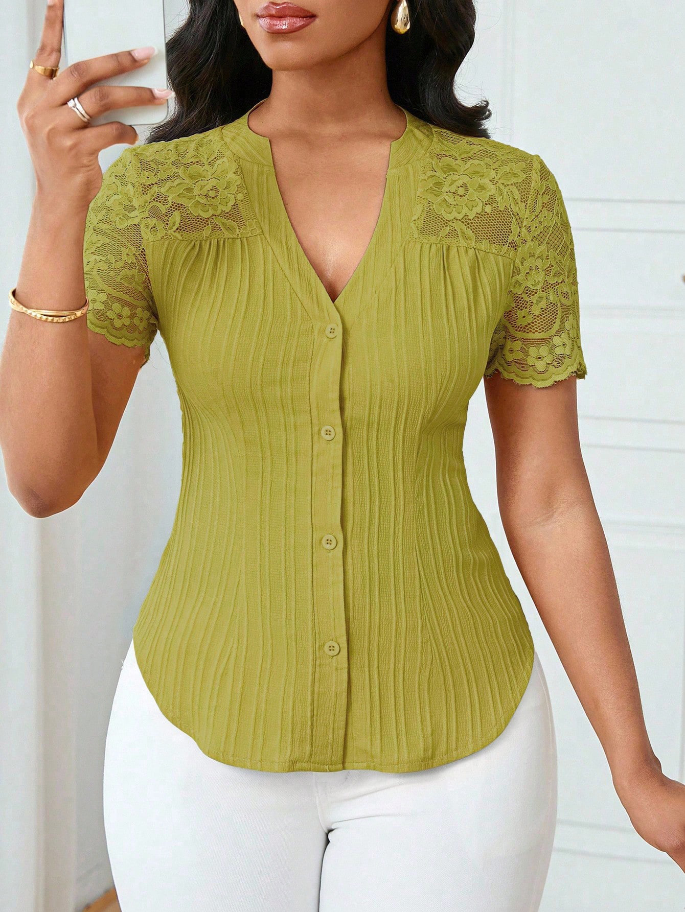 Women's Single-Breasted Embroidered Cutout Short-Sleeve Top