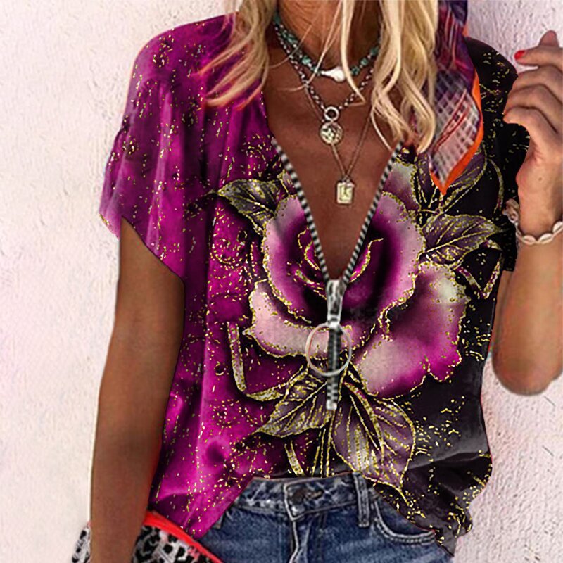 Women's Zip Short Sleeve Rose Print T-Shirt