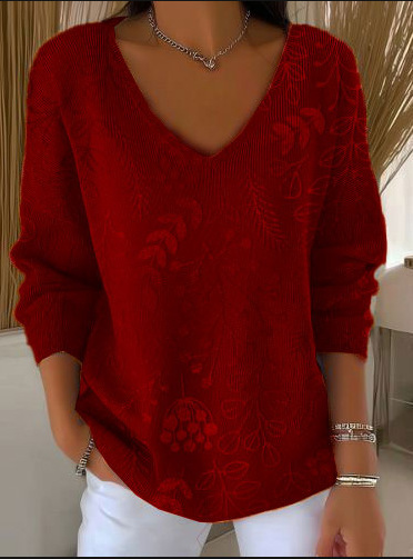 Maple Leaf Print V-Neck Long Sleeve T-Shirt
