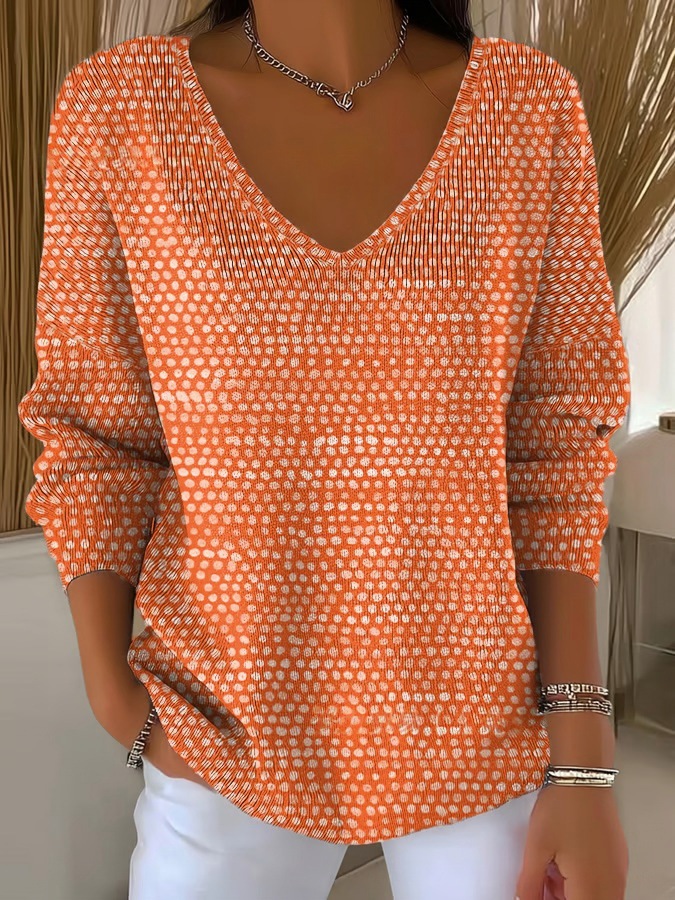 Colorful Leaf Striped V-Neck Long-Sleeve T-Shirt for Women