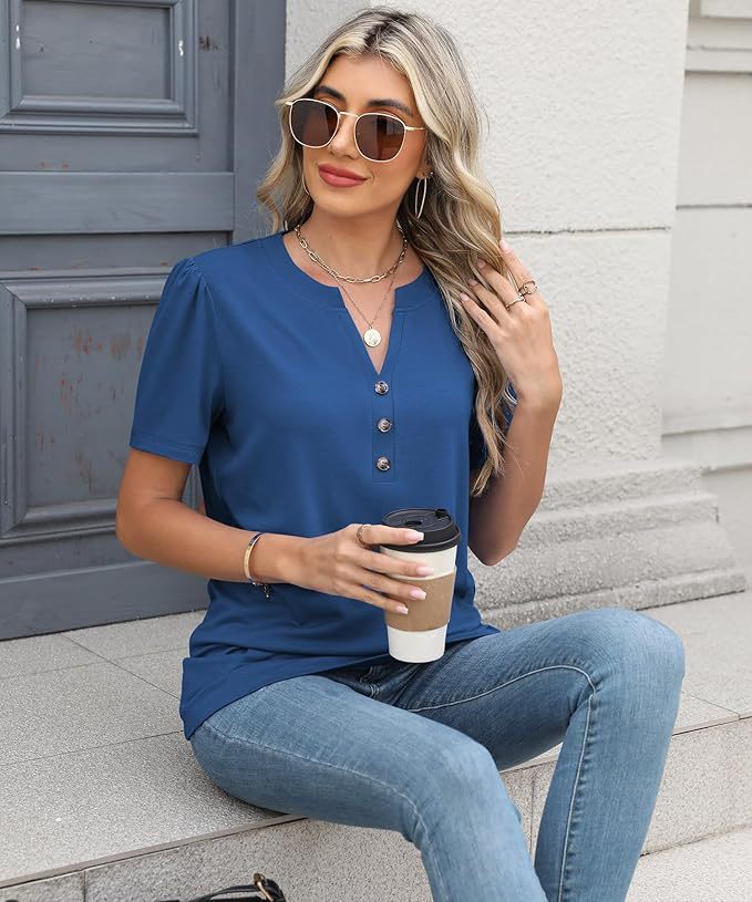 V-Neck Button-Down Short Sleeve Solid Shirt