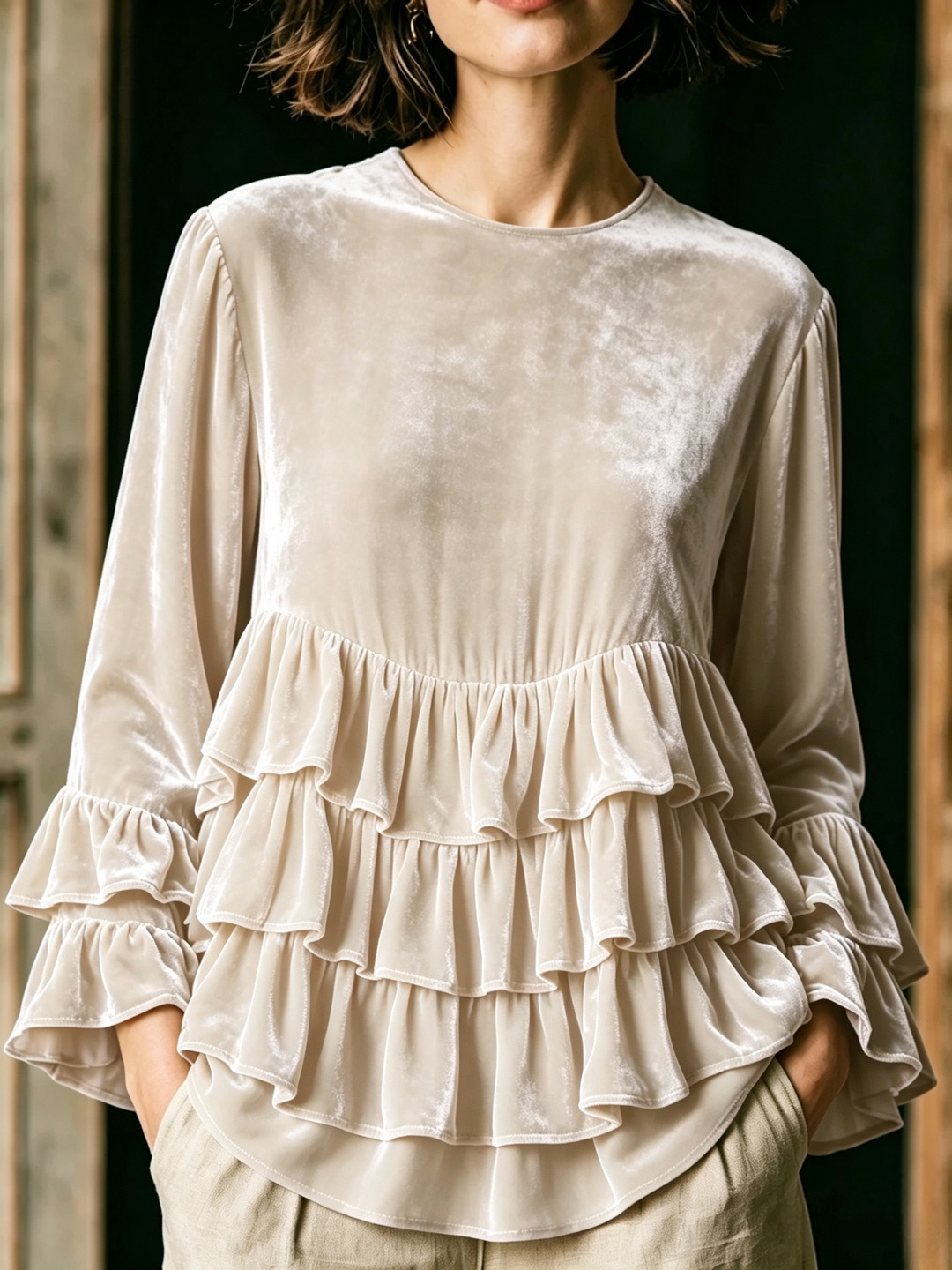 Women's Long Sleeve Ruffle Crewneck Solid Color Loose Casual T-Shirt