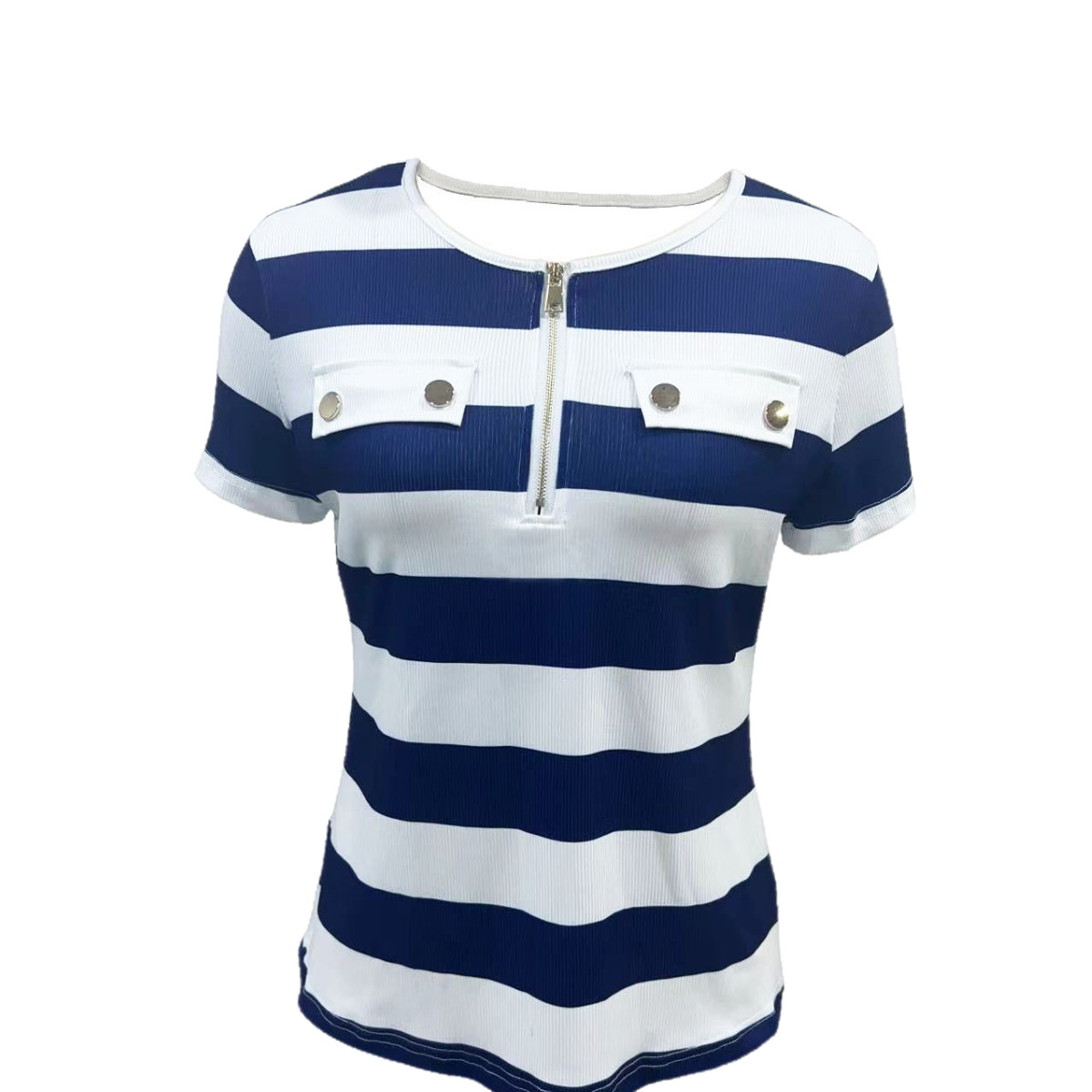 Striped Notched V-Neck Short-Sleeve Women's Top