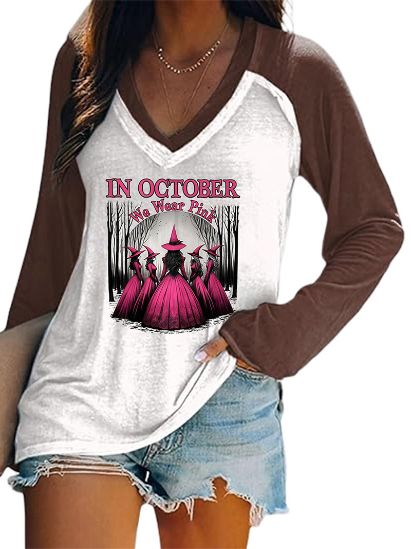 Women's Halloween Witch Hat Print V-Neck Long Sleeve T-Shirt