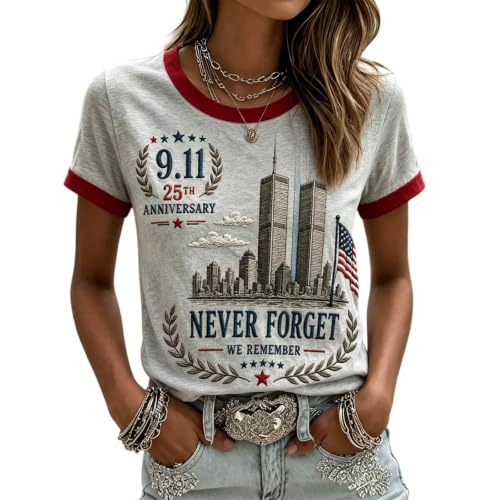 911 Twin Towers Ribbon Flag Print Short Sleeve T-Shirt