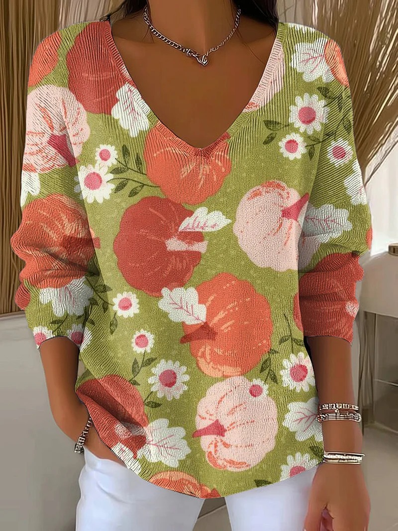 Dinosaur Floral Plaid V-Neck Long-Sleeve T-Shirt