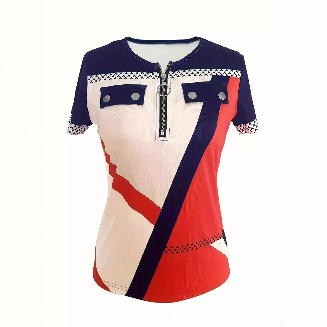 V-Neck Colorblock Print Zip-Up Slim Fit Top