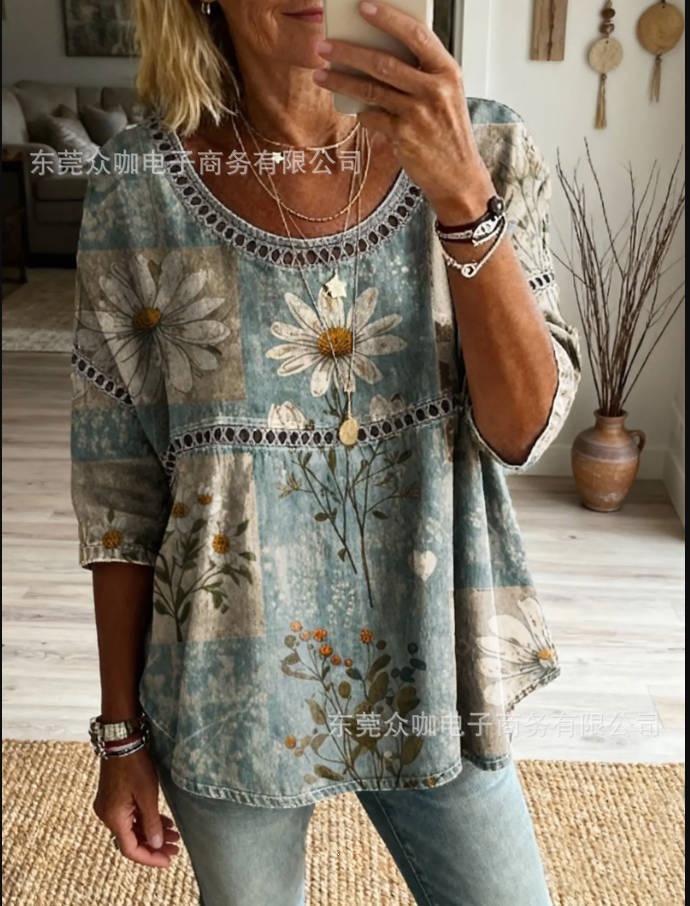 3D Floral Print Crewneck Half-Sleeve Ruched Top