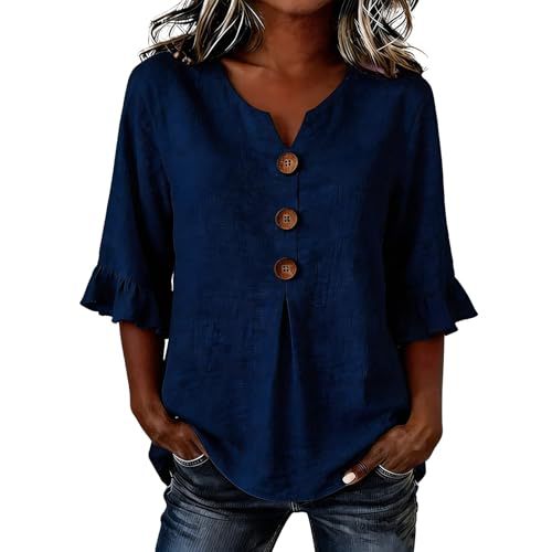 Women's Summer Solid Print Mid-Sleeve Button Top