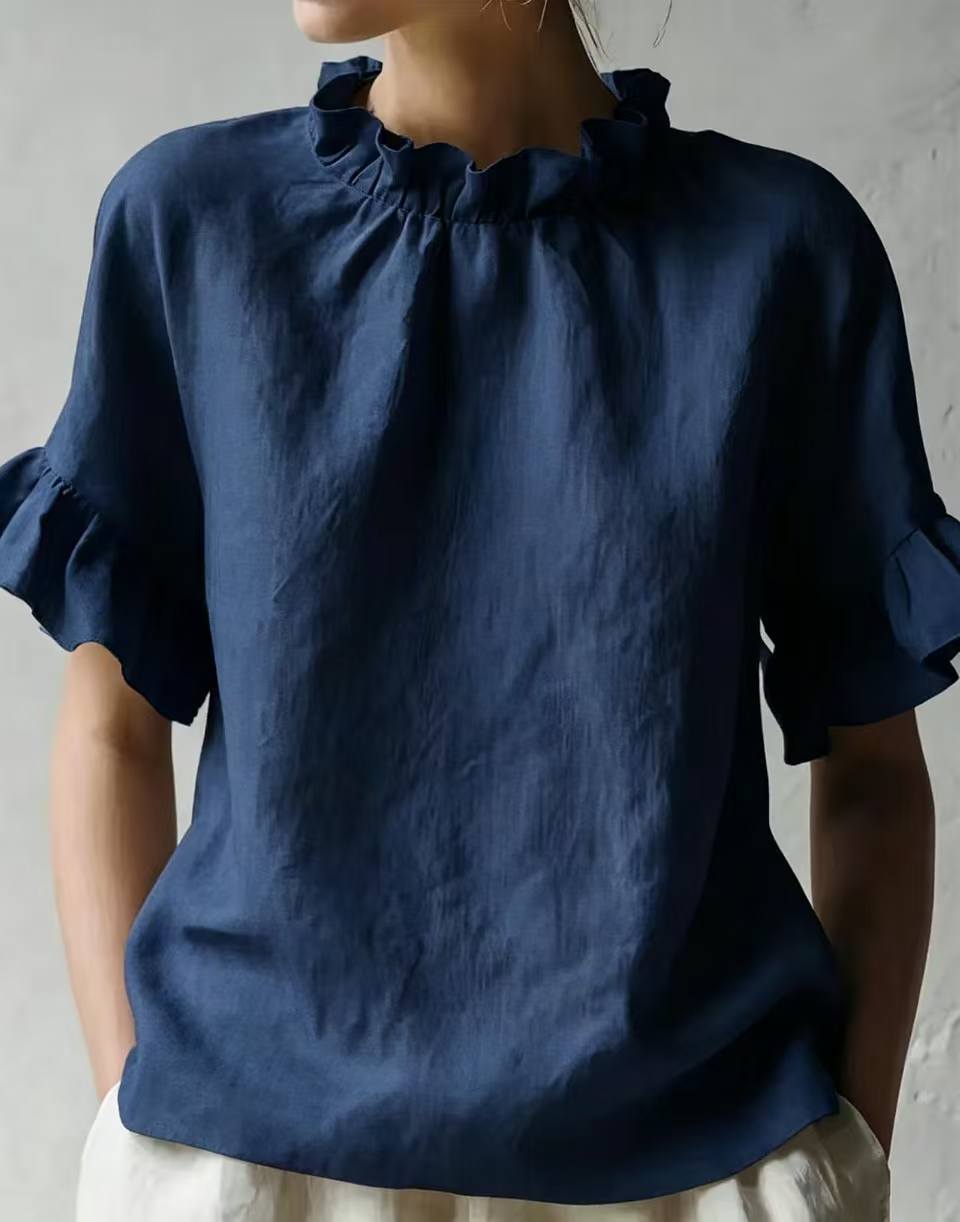 Women's Summer Solid Ruffle Short Sleeve Loose Casual Top