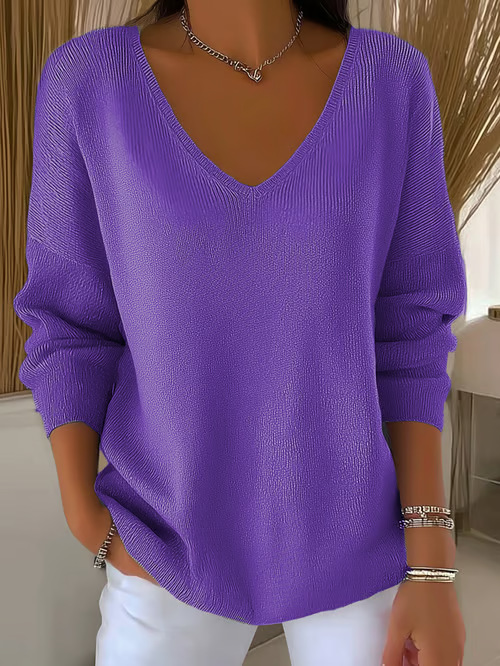 Women's Minimalist Solid V-Neck Long-Sleeve T-Shirt